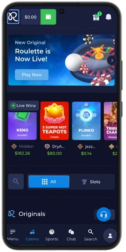 Casino homepage with Originals and live wins on mobile