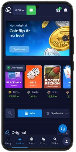 Casinots startsida med Originals och liveuttag i mobilen_