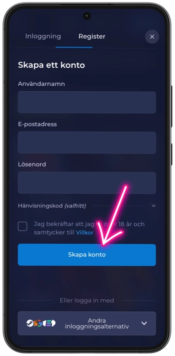 Knappen Skapa konto som avslutar registreringen hos Rainbet_