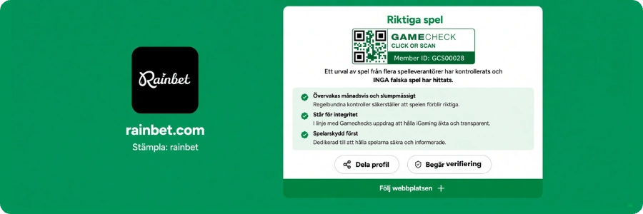 Kontroll av Rainbets speläkthet på Gamecheck för Sverige