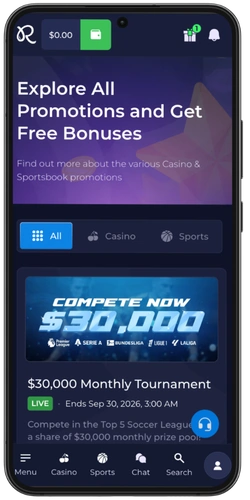 Promotions page showing a monthly tournament and free bonuses