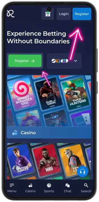 Register button on the Rainbet homepage top-right corner