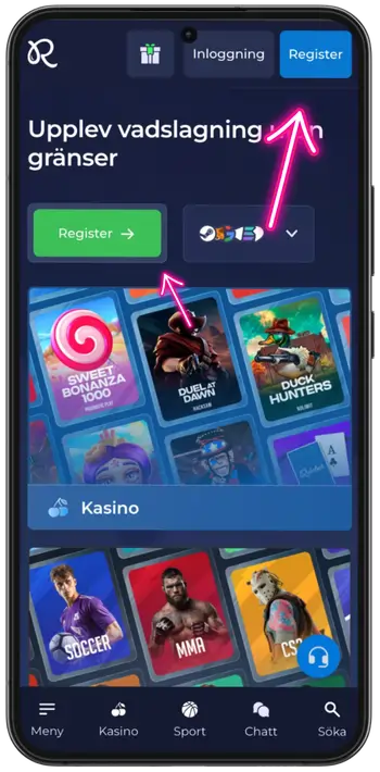 Registreringsknapp på Rainbets startsida uppe till höger_