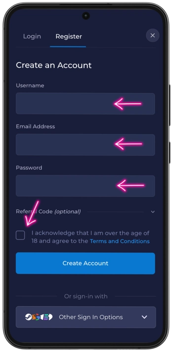 Rainbet registration form with username, email, password and age confirmation