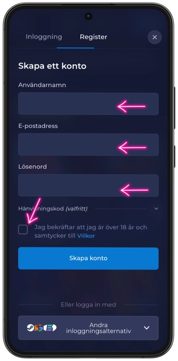 Rainbets registreringsformulär med användarnamn, e-post, lösenord och åldersbekräftelse_