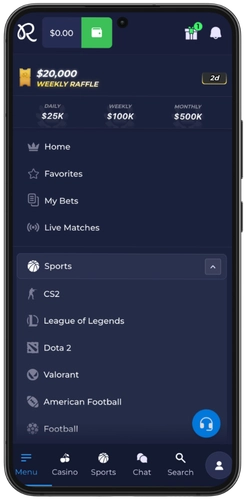 Sports and esports menu with a weekly raffle banner