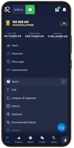 Meny för sport och esport med banner för veckans utlottning_