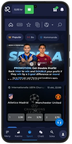 Sportsbook-vy med matchodds och en bettingkampanj_